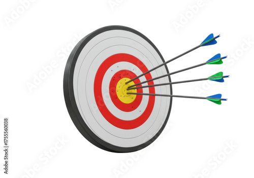 Archery target with arrows isolated on transparent PNG, bullseye hit for success and precision in sports and games