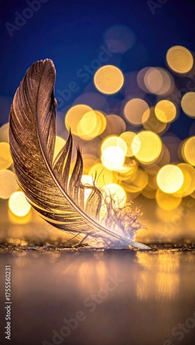 Elegant feather with blurred golden orbs in the background