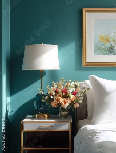 Gold frame on a teal accent wall in a boutique hotel room, bedside table with lamp and flowers, stylish décor, natural light.