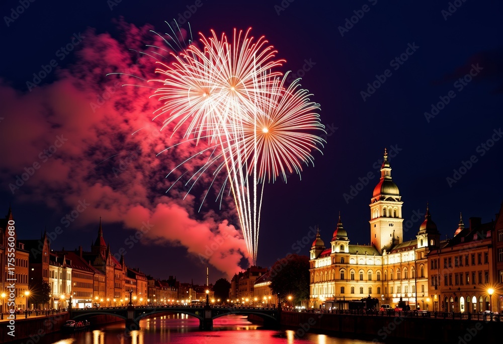 Naklejka premium Spectacular Fireworks Burst Over Historic Riverside Cityscape Illuminating Night Sky in Brilliant Colors Reflecting on Calm Water