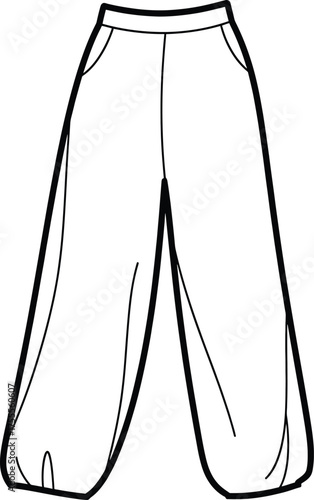 Illustration of harem pants isolated on transparent background, showcasing the relaxed fit and gathered ankles in a minimalist design