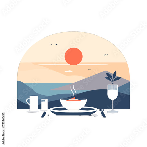 Pixel Art Sunset Landscape with Steaming Bowl on Table by Water