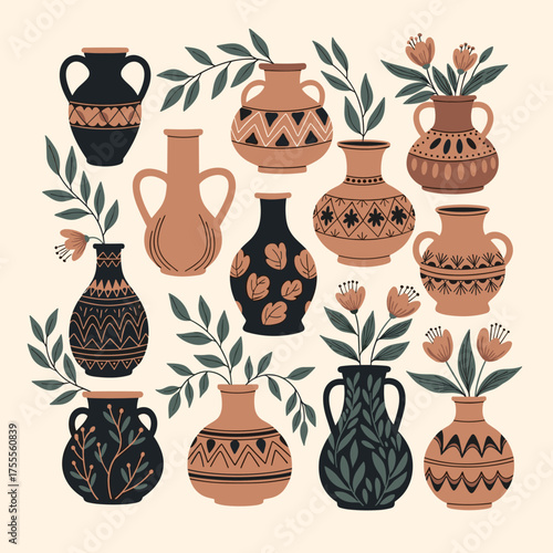 A collection of decorative ceramic vases with floral patterns and earthy tones.