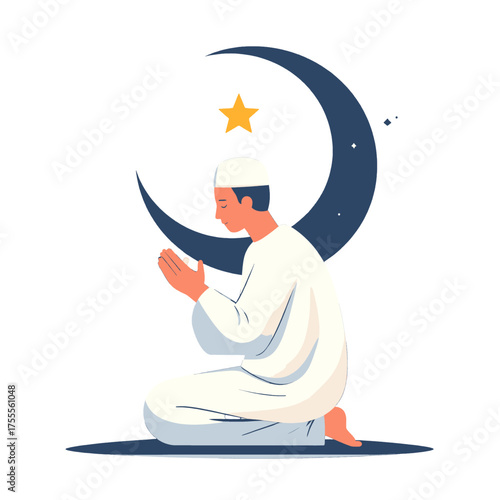 Man in White Praying with Crescent Moon and Star on Isolated Background