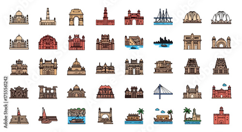 Vibrant India Landmarks Icon Pack - Vector Monuments, Temples, Forts, Bridges & Houseboats