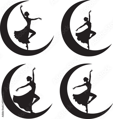 Four elegant ballerinas dancing on crescent moon silhouette