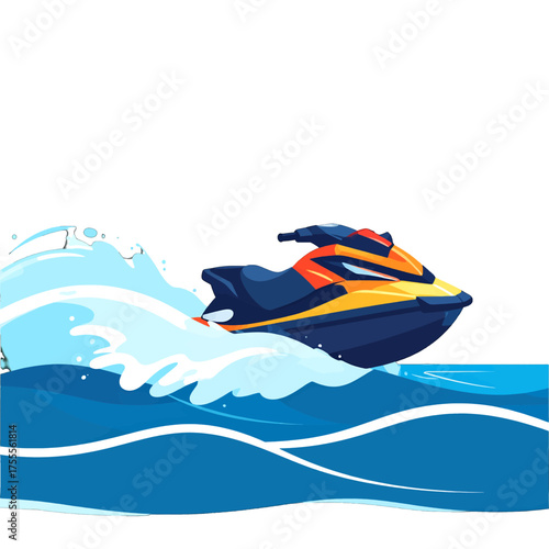 Yellow and Dark Blue Jet Ski Speeding Across Water with White Caps on a Sunny Day