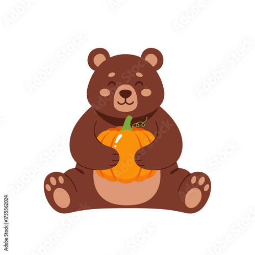 A cute cartoon bear sits happily holding a bright orange pumpkin in its paws.