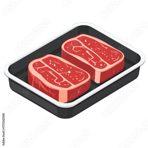 Isometric Illustration of Two Raw Red Steaks in Black Tray Prepared for Cooking Meat Cuts on Gray Background
