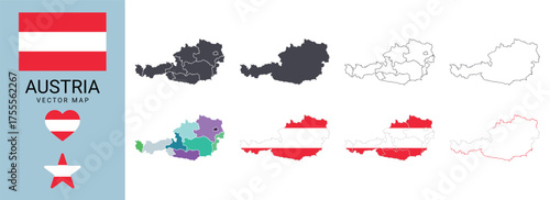Austria vector map collection with region flag symbol and outline