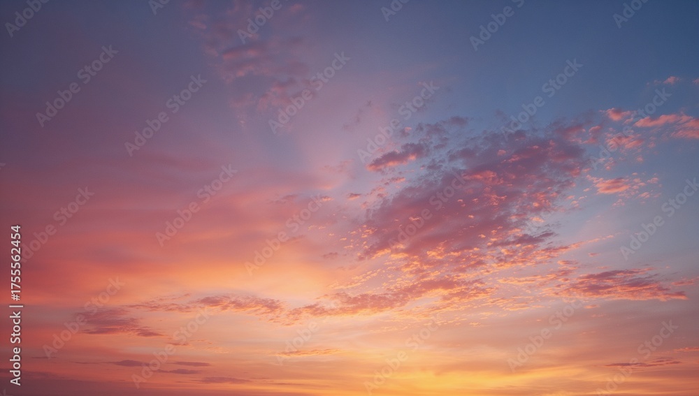 Naklejka premium Stunning sunset sky with vibrant colors and soft clouds offers a sense of peace and wonder for travel, mindfulness, or inspirational projects