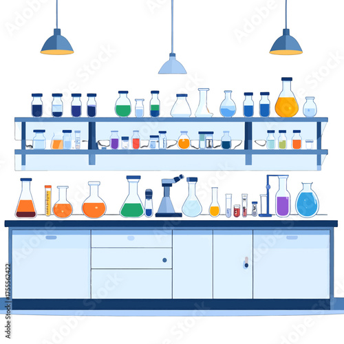Scientific Laboratory Interior with Experiment Equipment on Shelves Against White Backdrop