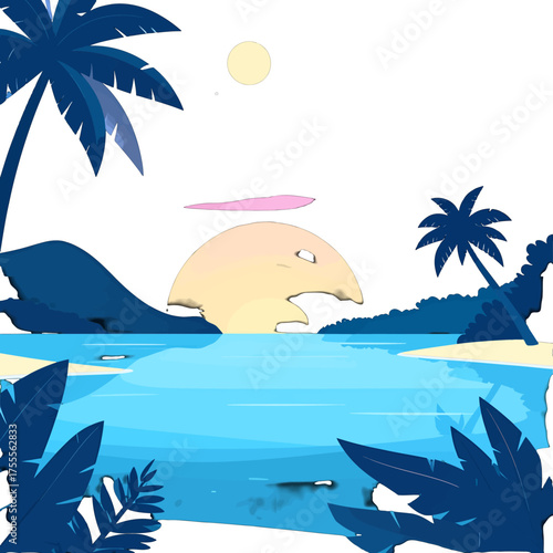 Pastel Color Pixel Art Tropical Island Beach Sunset with Palm Trees Water and Coastline Silhouette Illustration