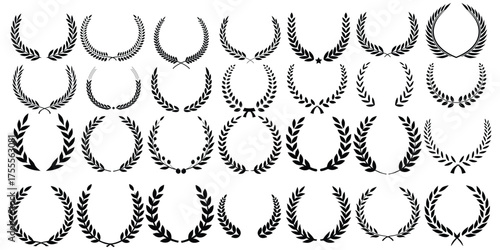 Golden laurel wreath symbolizes first place and achievement. Award badge design fits certificates and prize medals. Elegant leaf crown glows on black premium background. Vector set