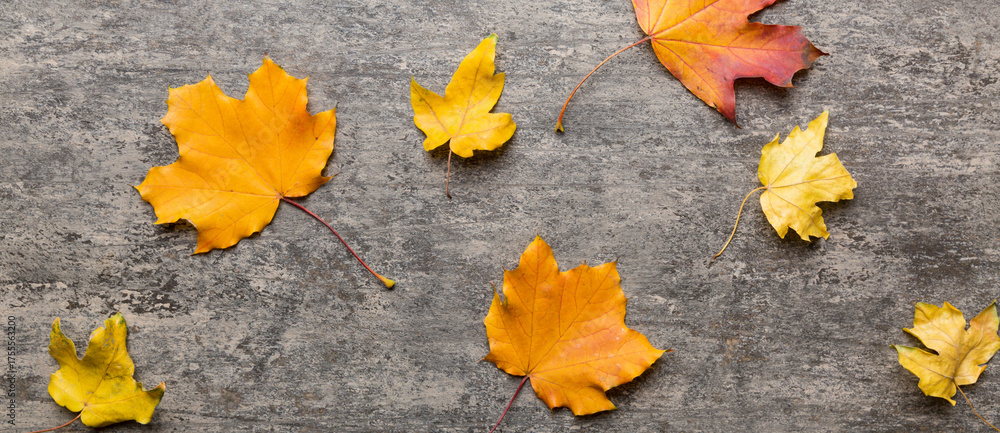 Obraz premium Autumn composition. Pattern made of dried leaves and other design accessories on table. Flat lay, top view