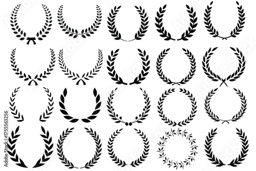 Elegant award emblem set features gold laurel wreath badges. Vector collection includes ribbons, stars, crowns for winners. Luxury nomination graphics suit best player recognitions. Certified prize