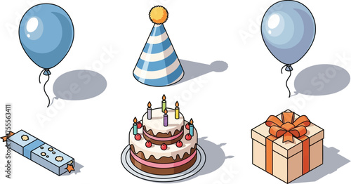 Festive birthday celebration with balloons cake party hat gift and cracker for a special occasion