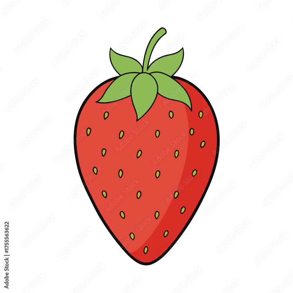 Obraz premium Simple cartoon illustration of a ripe red strawberry with green leaves