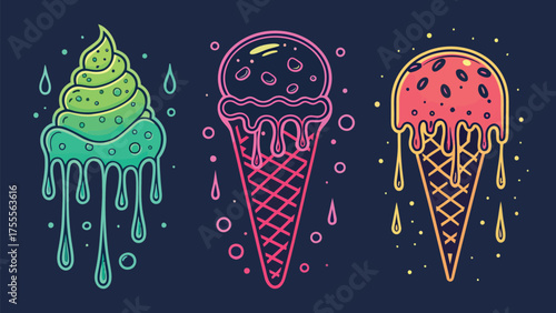 Three vibrant neon ice cream cones dripping with sweet deliciousness on a dark background design