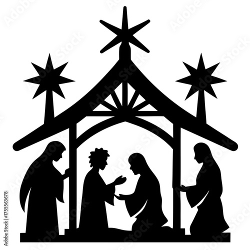 Christmas nativity scene silhouette with three wise men and three stars