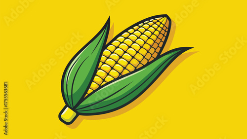 Fresh corn on the cob with green leaves against a bright yellow background in a cartoon style