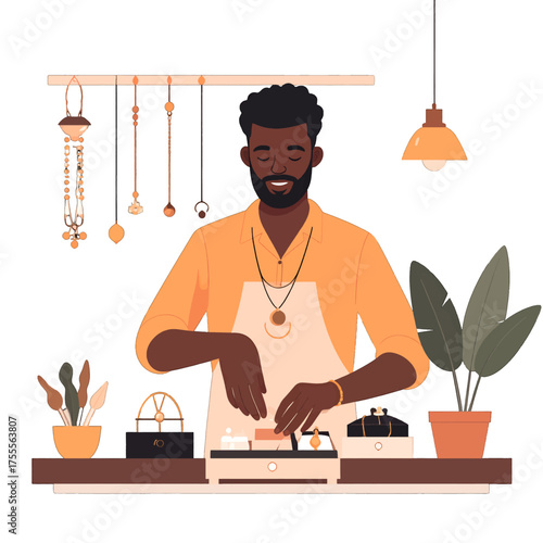 Craftsman with Apron Creates Jewelry with Natural Light in a Cozy Studio with Potted Plants on Table at Workshop with Crafting Tools and Raw Materials