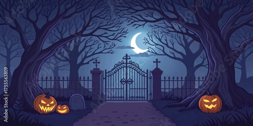 Spooky Halloween night scene with pumpkins and graveyard gates under a bright moonlit sky backdrop