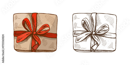 Hand drawn vintage sketch of christmas gift box with red ribbon and bow, color and monochrome festive illustration