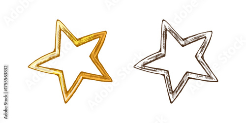 Hand drawn vintage sketch of golden christmas star ornament with hollow center, color and monochrome festive illustration