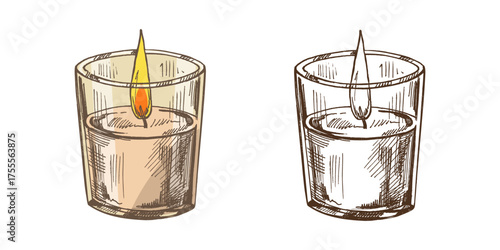Hand drawn vintage sketch of burning candle in glass holder with warm flame, color and monochrome cozy illustration