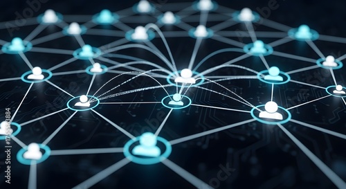 The image depicts a digital network of interconnected user icons, symbolizing connectivity and interaction in a virtual environment