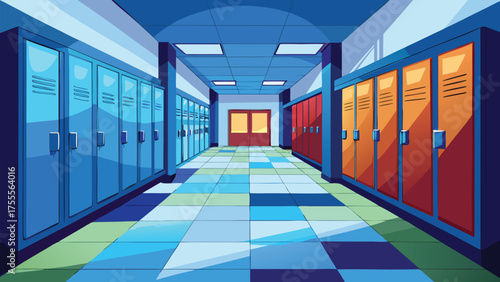 Empty school hallway with lockers and colorful floor tiles creating a sense of anticipation and learning