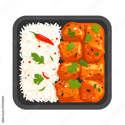 Overhead View of Orange Tofu and Rice in a Black Container with Cilantro and Red Peppers on White Background