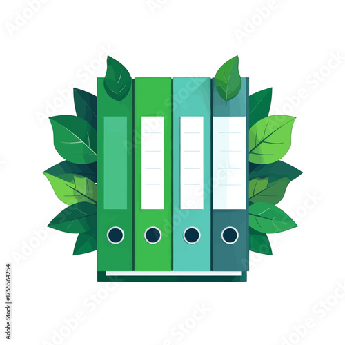 Four Green and Teal Binders Surrounded by Lush Green Leaves in an Isolated Setting with Clean Lines and a Palette of Natural Colors