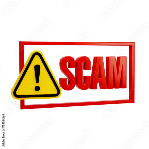 3d icon of a 3d rendering of a scam alert sign featuring a yellow triangle with an exclamation point and the word scam in red letters, isolated on transparent background