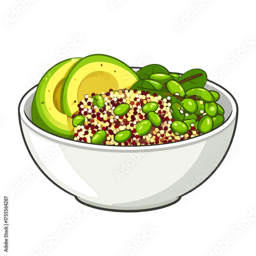 Pixel Art Food Bowl with Avocado Quinoa and Edamame in White Bowl