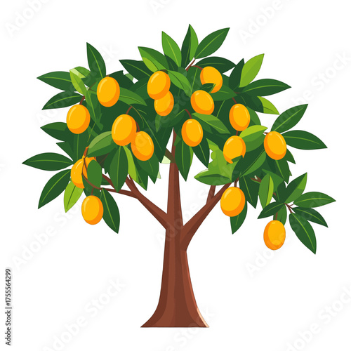 Vibrant Orange Citrus Tree Illustration with Lush Green Leaves and Brown Trunk on a Plain White Background Stock Vector