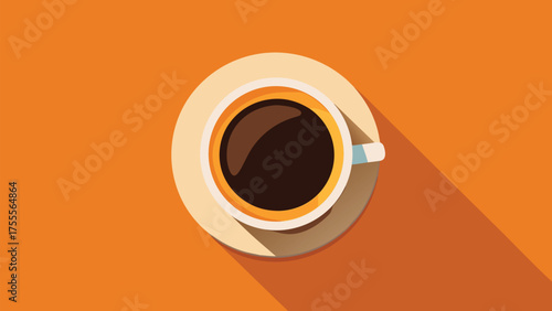 Aromatic coffee cup illustration with a long shadow on a vibrant orange background flat lay view