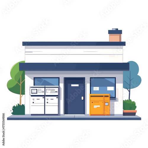 Flat Illustration of White Building with Blue Trim Trees Mailbox and Washing Machines on Sidewalk Facade Under Daylight
