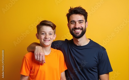 Portrait of sporty dad and his son on color background. High quality