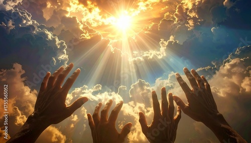The sky opens when God descends to the earth for the final judgment with the blurry hands of those below.