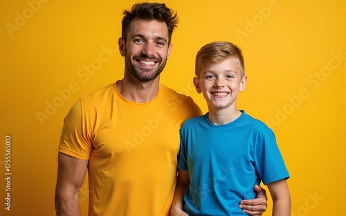 Portrait of sporty dad and his son on color background. High quality