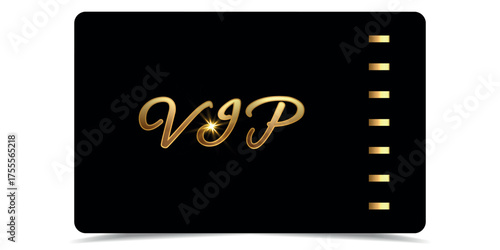 Vip. Vector black banner with gold text. Golden VIP. Vector illustration on black background. Luxury gift card. Certificate with gold text. Luxury template design.