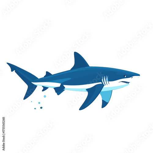 Pixel Art of a Great Blue Shark with White Belly and Sharp Teeth Isolated on a Clean White Background with Stylized Water Droplets Below