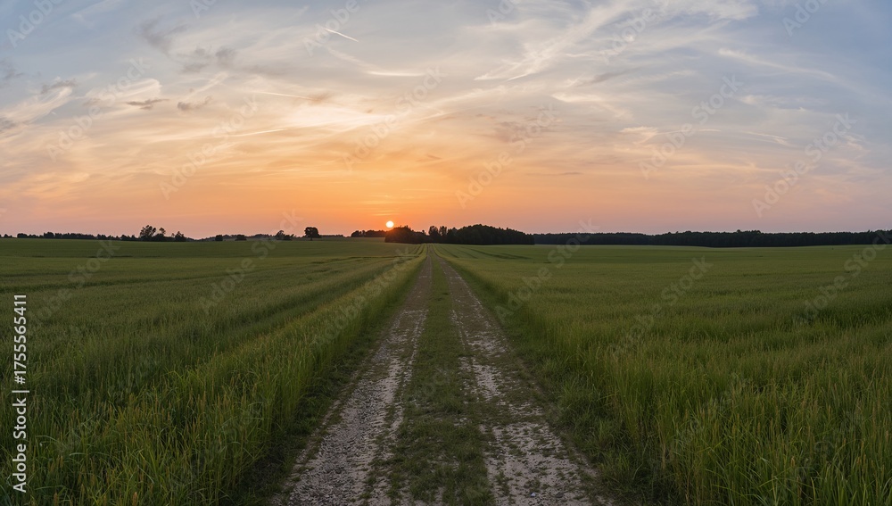 Fototapeta premium Dramatic sunset over rural countryside with path leading towards horizon, evoking peace and tranquility during golden hour