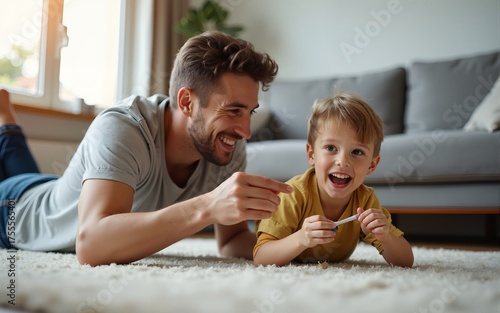 Happy young father lying on floor in living room hold fly with little preschooler son engaged in funny game together, loving dad relax playing with small boy child, enjoy family weekend at home