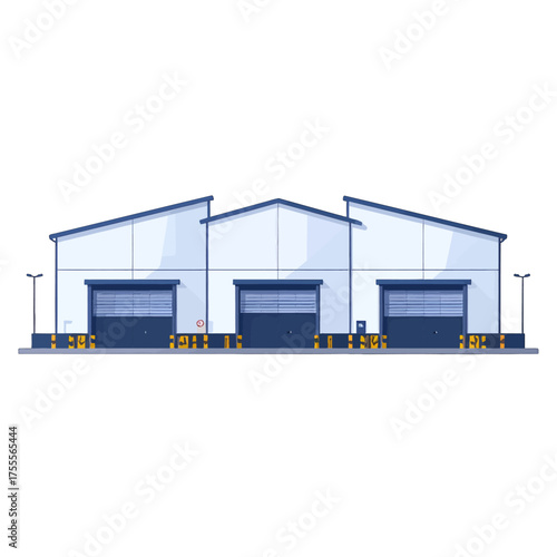 Pixel Art Illustration of a White Industrial Warehouse with Loading Bays and Blue Doors on a Gray Platform