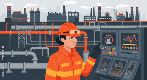 Female industrial engineer managing factory operations from a control panel system