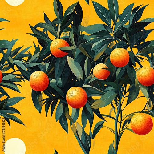 Seamless pattern orange tree with leaves and fruits, vibrant botanical tropical design.