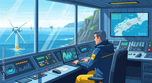 Control room operator overlooking offshore wind farm using digital interfaces